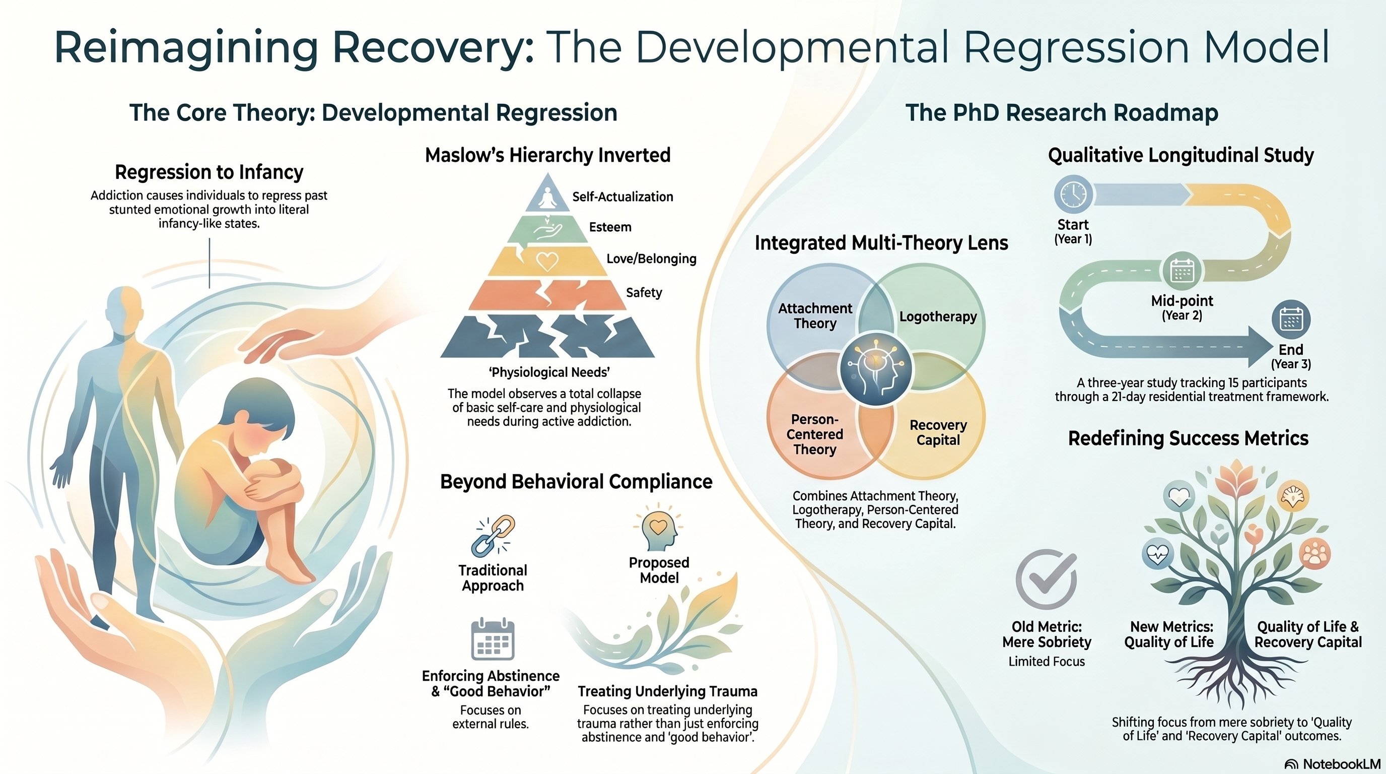 Diagram: Reimagining Recovery — The Developmental Regression Model, showing the inverted Maslow hierarchy, the integrated multi-theory lens, and the PhD research roadmap.